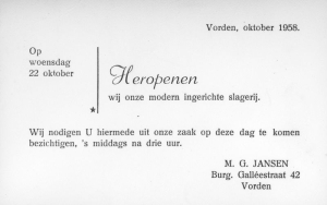 F0301 Uitnodiging heropening Slagerij Jansen 1958